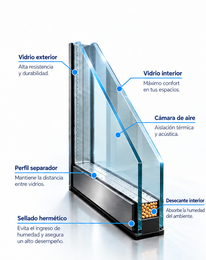 Esquema de un termopanel DVH con vidrio exterior e interior, cámara de aire, perfil separador y sellado hermético.