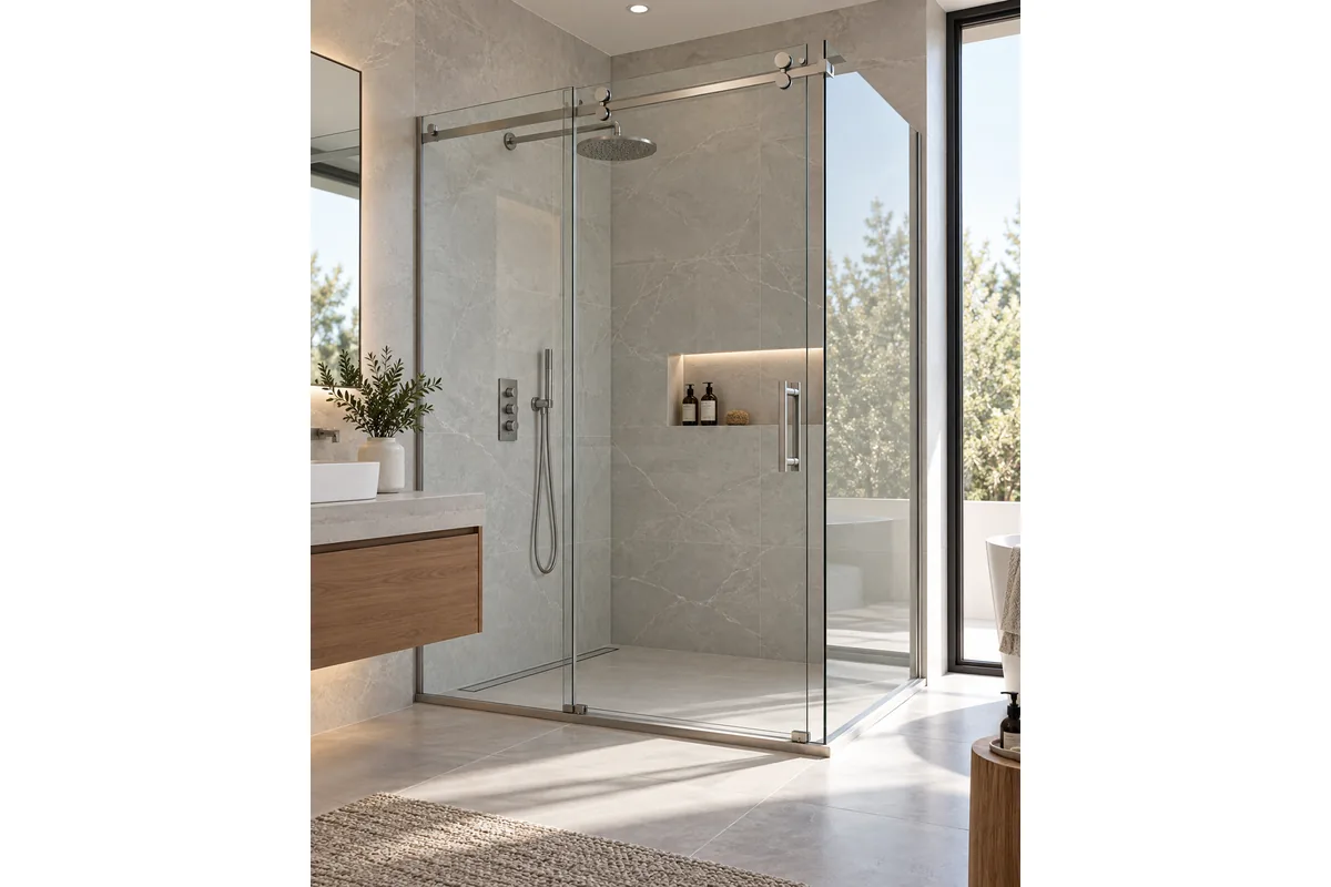 Mampara de ducha de cristal en baño moderno.
