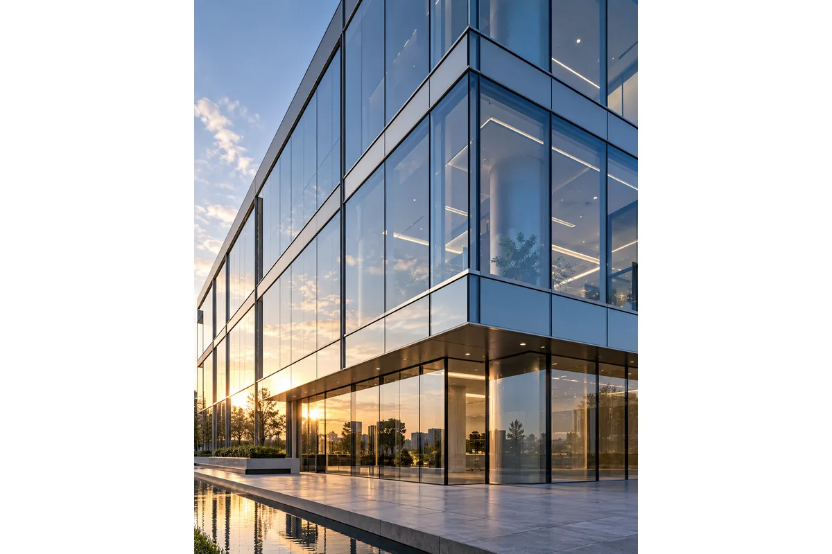 Fachada de edificio moderno con muro cortina de cristal.
